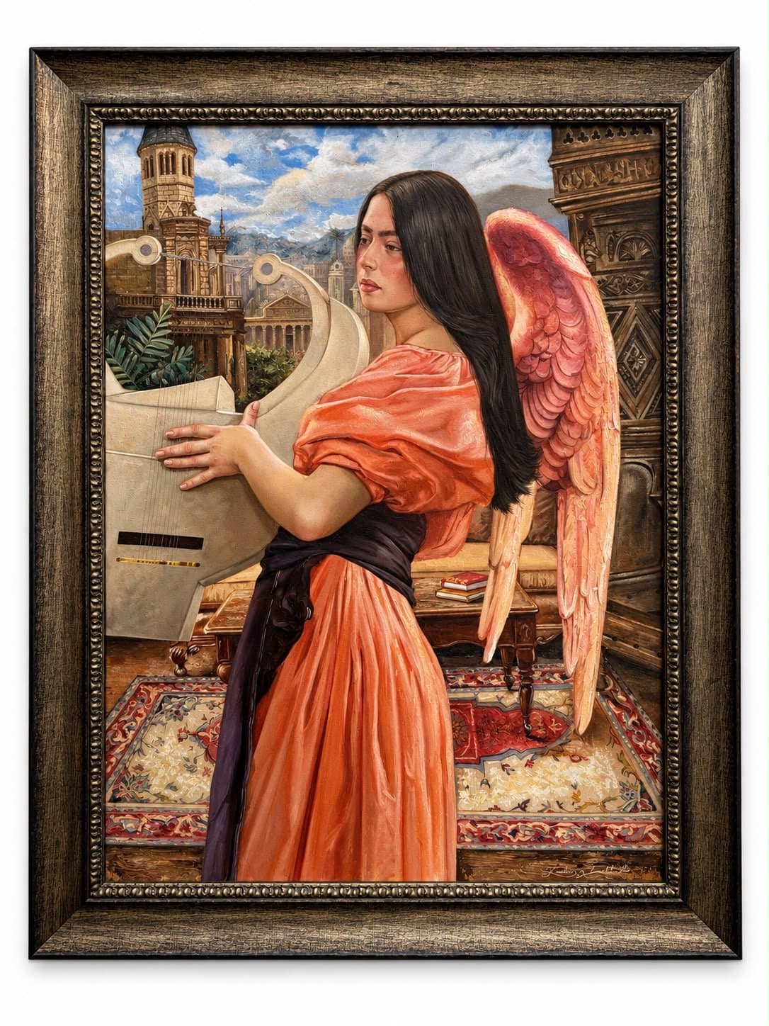 muchacha con arpa y alas, obra de Kris sagastumen