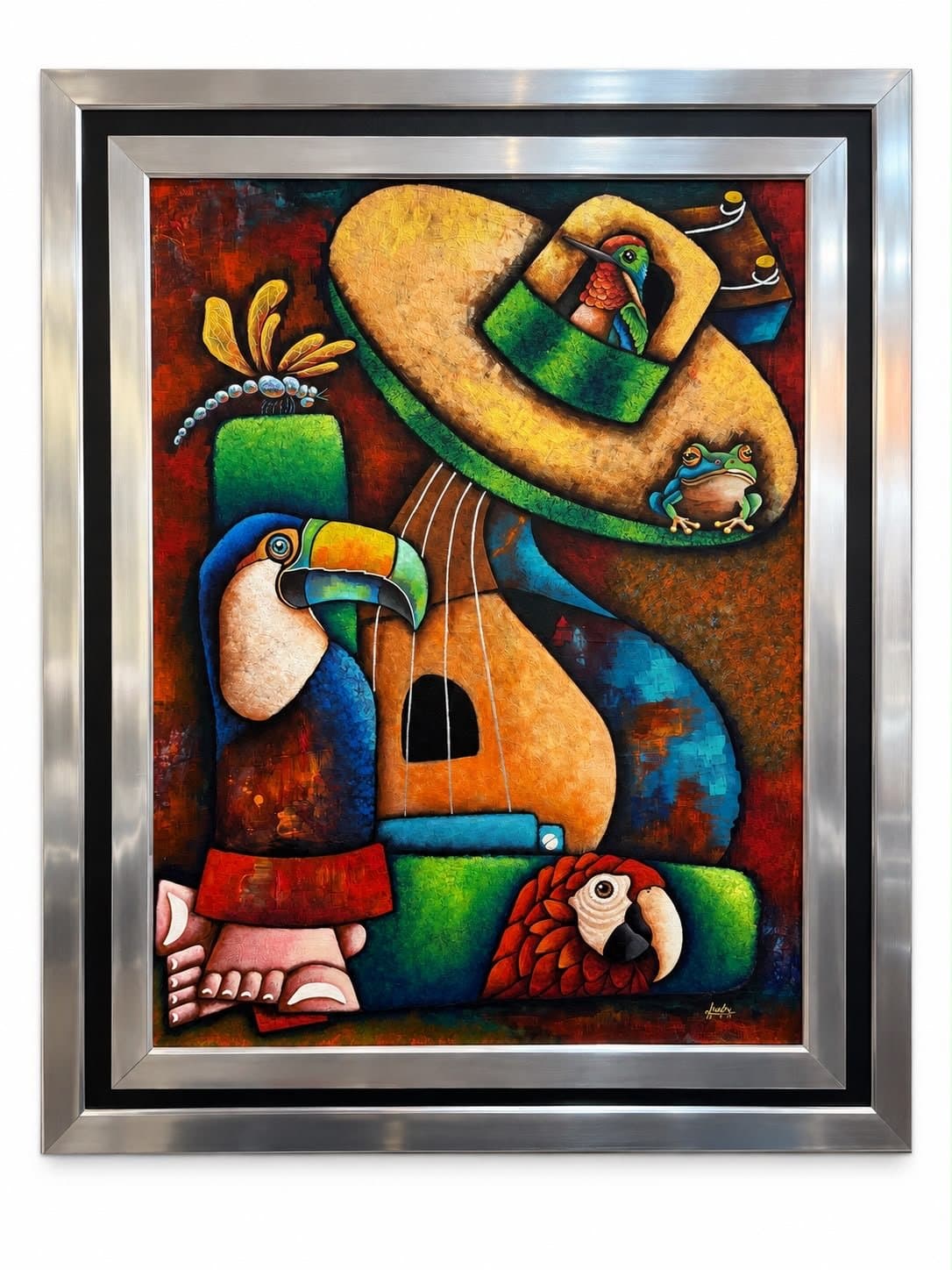 tucanes,guitarra, sombrero ,pie, obra de Lucky