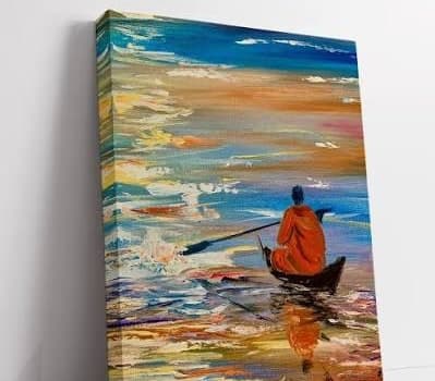 Impresión en canvas montada en bastidor, con un paisaje marino y una barca